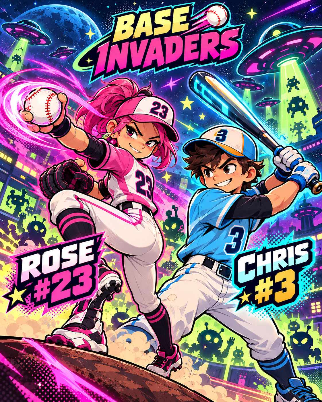 Base Invaders comic poster: Rose number 23 on the left and Chris number 3 on the right